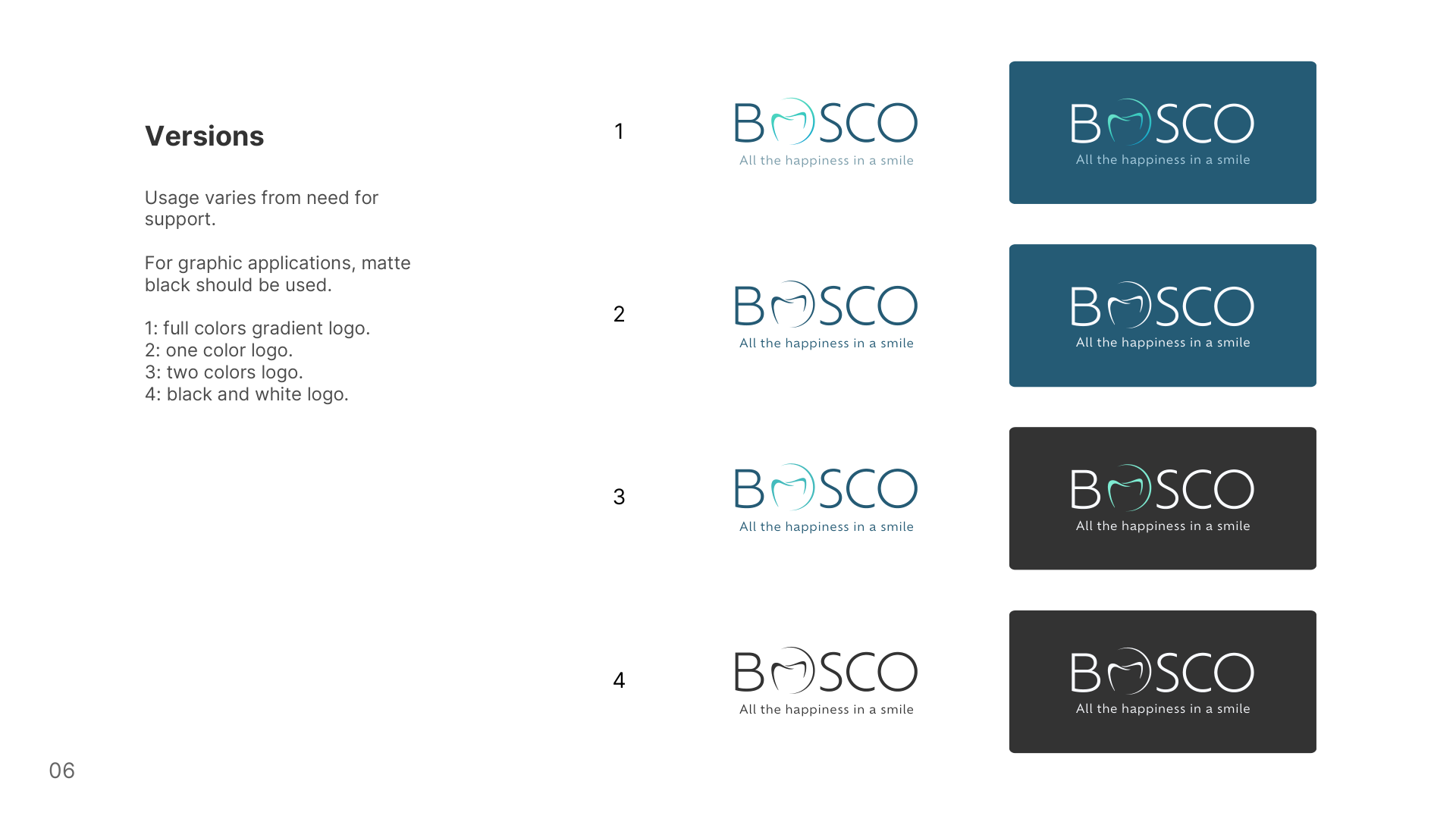 The four versions: gradient, one colour, two colours, black and white