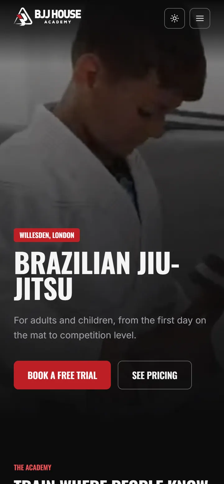 BJJ House Academy — the same site on a phone