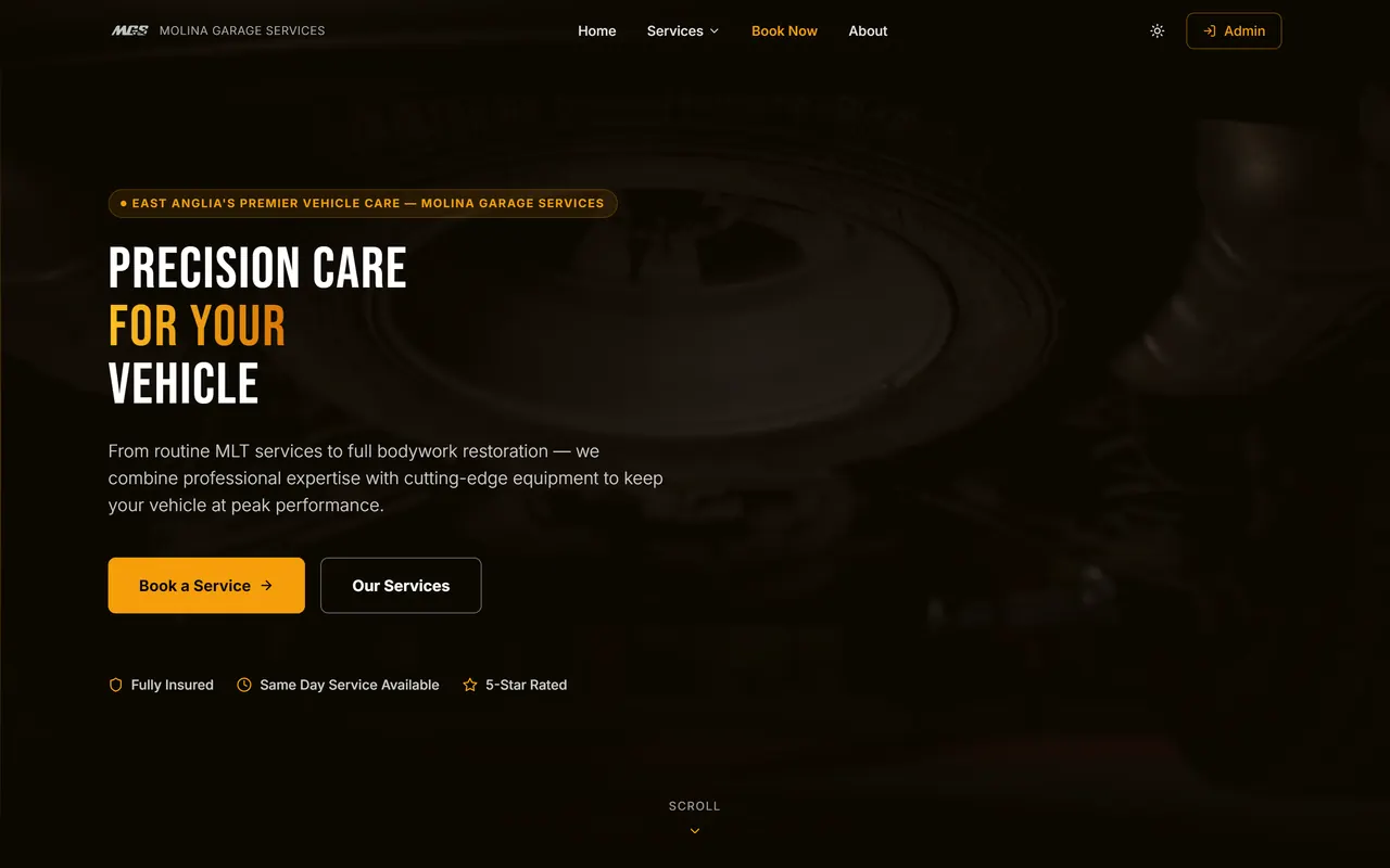 MGS — Molina Garage Services — the site on a computer
